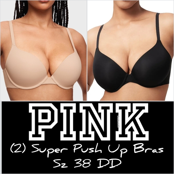 Victoria's Secret Other - (2) VS PINK Super Push Up Bras Sz 38DD Praline & Black LIKE NEW Lot Bundle 38E